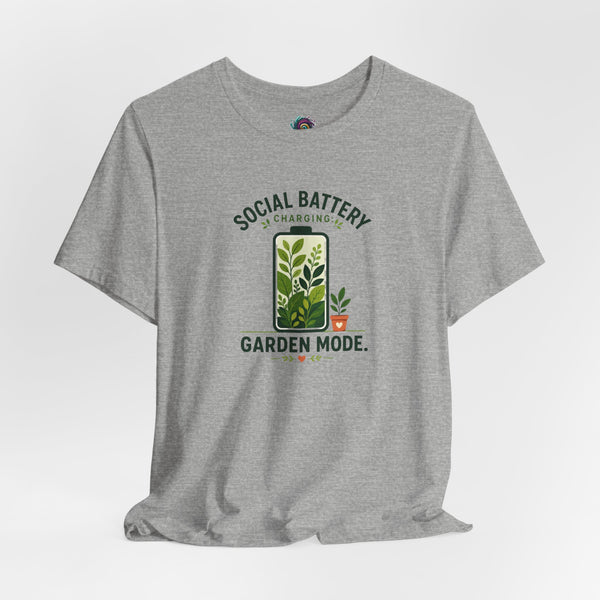 Heather gray short-sleeve T-shirt with social battery charging garden mode graphic
