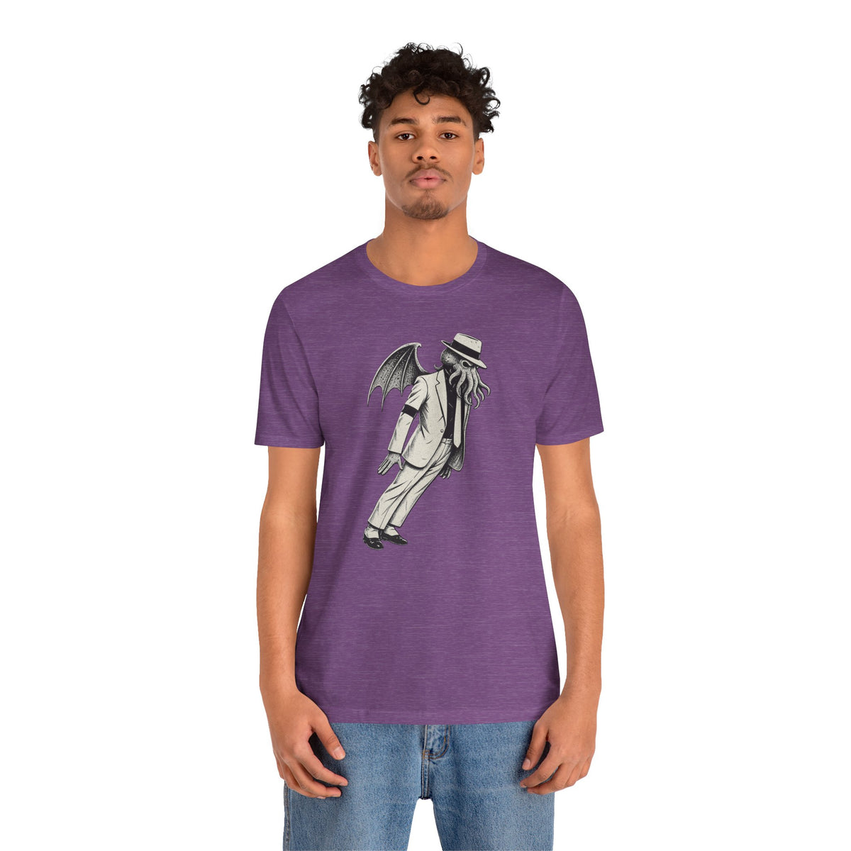 Purple heather crewneck graphic t-shirt with tall monster figure front print