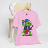 Heather pink crewneck t-shirt with green triceratops playing a red electric guitar
