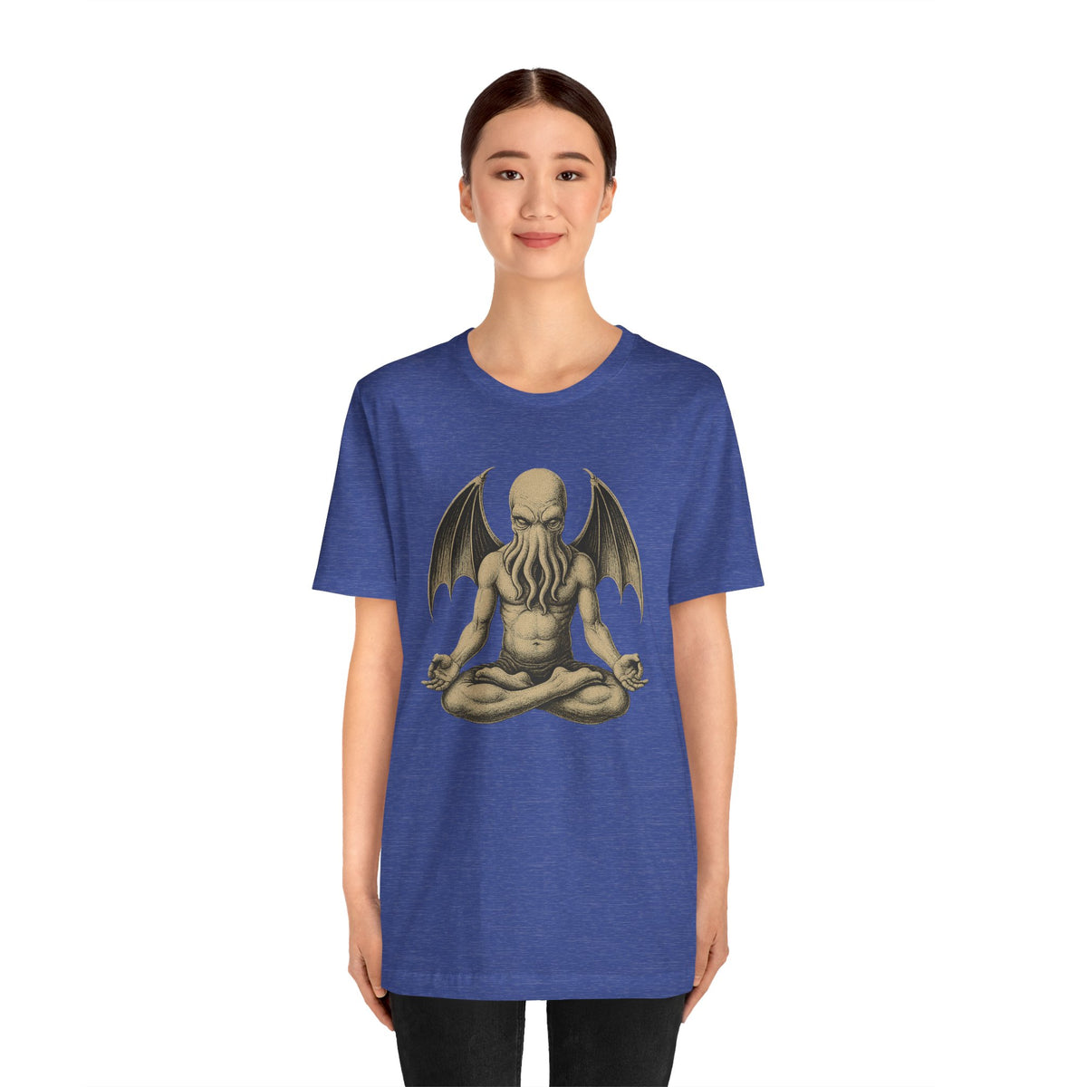 Blue unisex T-shirt with centered meditating monster print on the chest