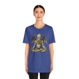 Blue unisex T-shirt with centered meditating monster print on the chest