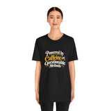 Black crewneck T-shirt with caffeine methods graphic, full body view