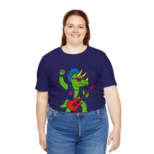 Dark purple crewneck T-shirt with green punk triceratops and red guitar graphic