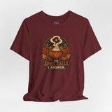 Burgundy graphic T-shirt with pumpkin cauldron chest emblem