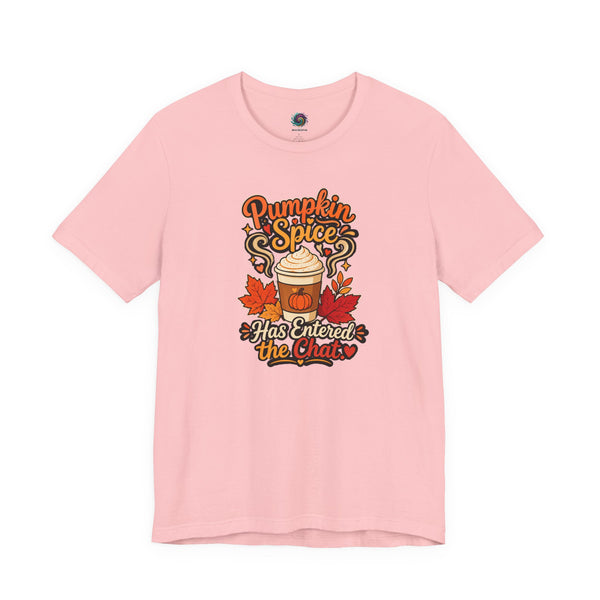 Pink T-shirt with “Pumpkin Spice Has Entered the Chat” graphic on the chest