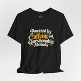 Black crewneck T-shirt with caffeine methods graphic print