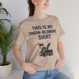 Tan crewneck T-shirt showing “This Is My Snow-Blowing Shirt” text and snowblower graphic