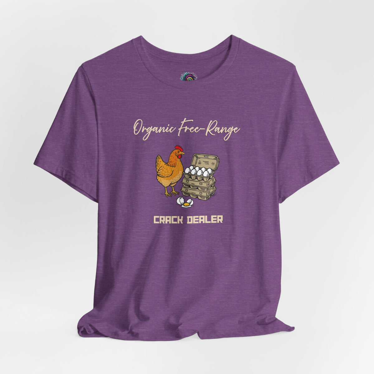 Purple crewneck T-shirt with chicken and egg-crate graphic, “Crack dealer” text