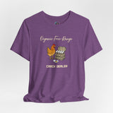 Purple crewneck T-shirt with chicken and egg-crate graphic, “Crack dealer” text