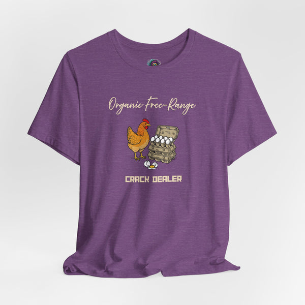 Purple crewneck T-shirt with chicken and egg-crate graphic, “Crack dealer” text