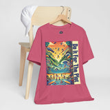 Pink graphic T-shirt with rectangular front print, short sleeves on hanger