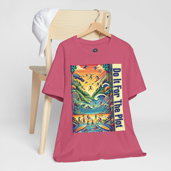 Pink graphic T-shirt with rectangular front print, short sleeves on hanger