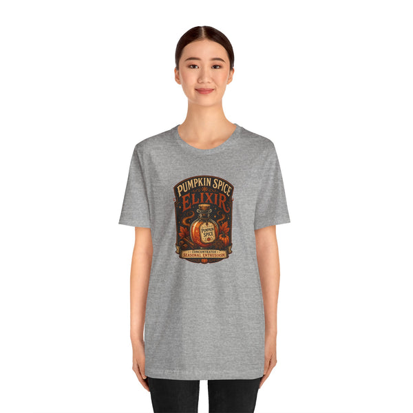 Heather gray crewneck T-shirt with centered pumpkin spice elixir graphic print