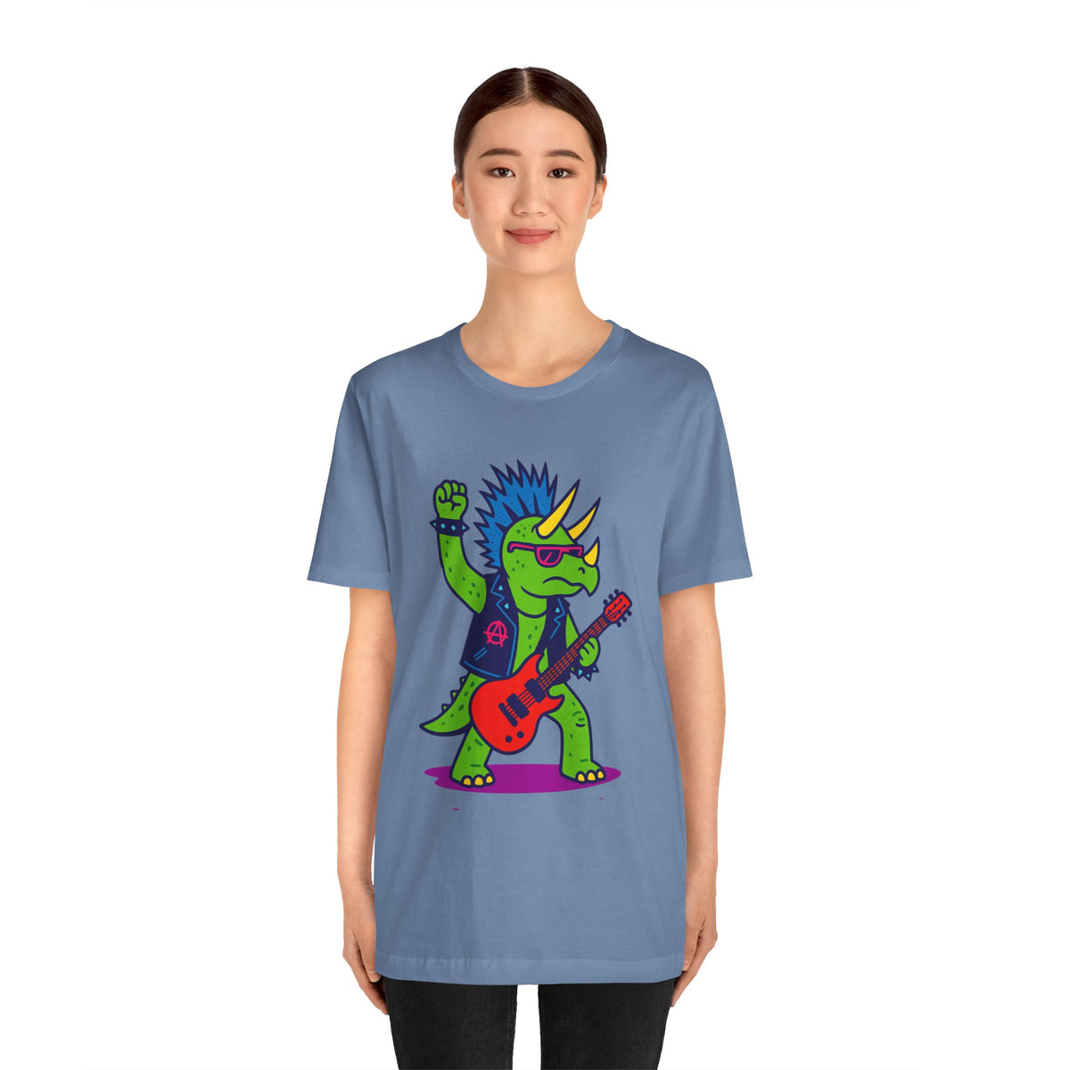Steel blue crewneck T-shirt featuring a cartoon triceratops with a red guitar graphic