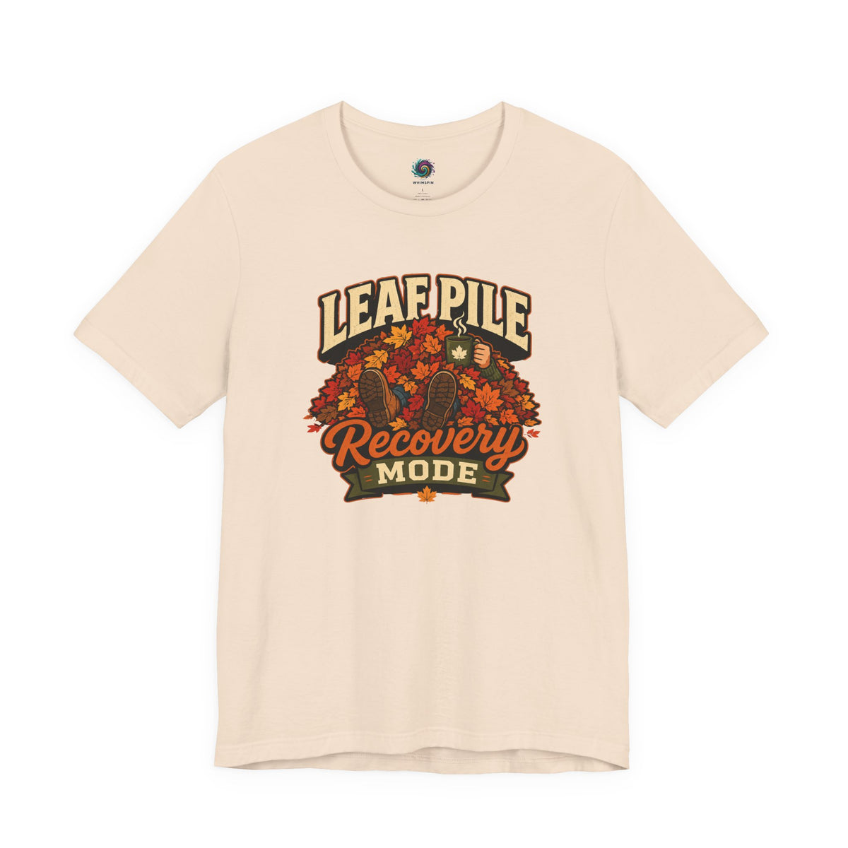 Leaf pile graphic recovery mode T-shirt in soft cream with fall leaves front print