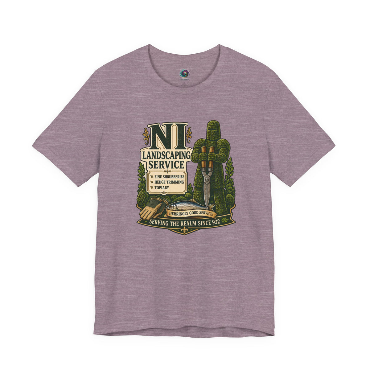 Heather mauve T-shirt with green medieval landscaping crest graphic, crew neck