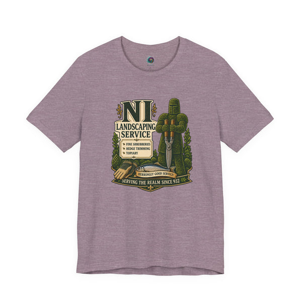 Heather mauve T-shirt with green medieval landscaping crest graphic, crew neck