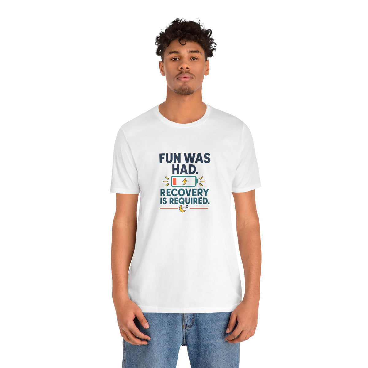 White crew-neck T-shirt with "Recovery is required" lightning graphic, worn by man