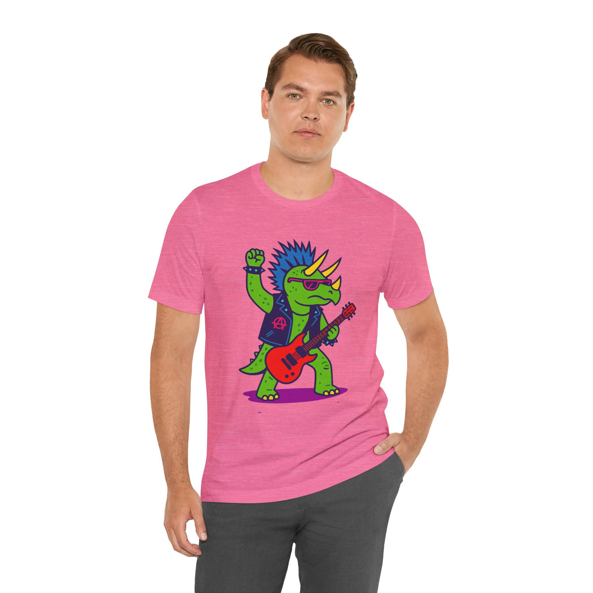 Pink crew-neck graphic T-shirt with punk triceratops electric guitar design
