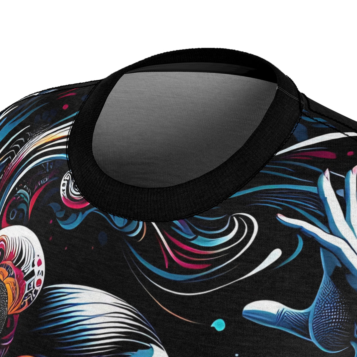 Close-up of black crew neck and colorful blue face graphic t-shirt print