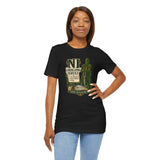 Black crew-neck T-shirt with landscaping service graphic, hand-on-hip model view