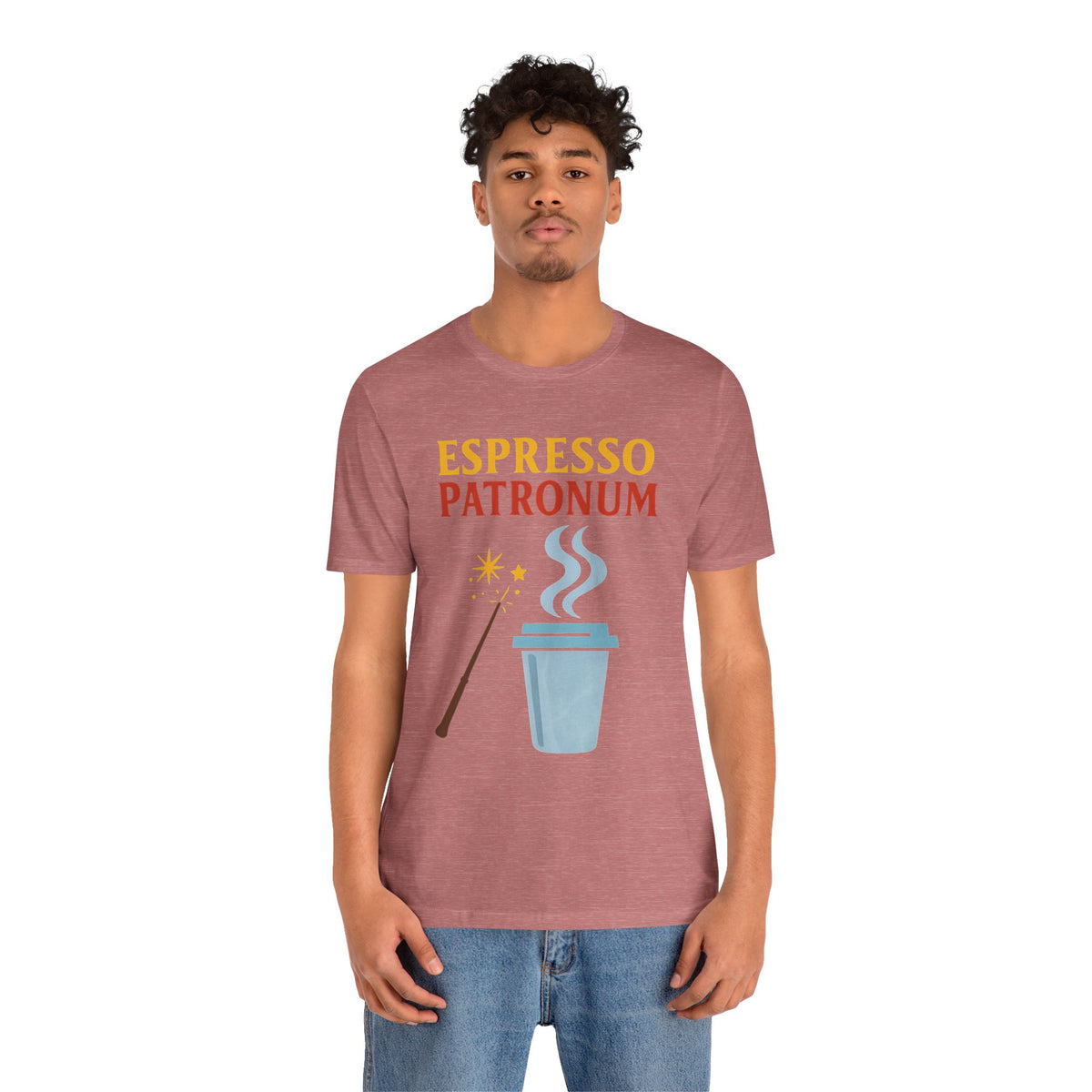Mauve T-shirt featuring "Espresso Patronum" text and coffee cup with steam