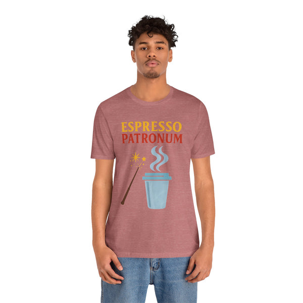 Mauve T-shirt featuring "Espresso Patronum" text and coffee cup with steam