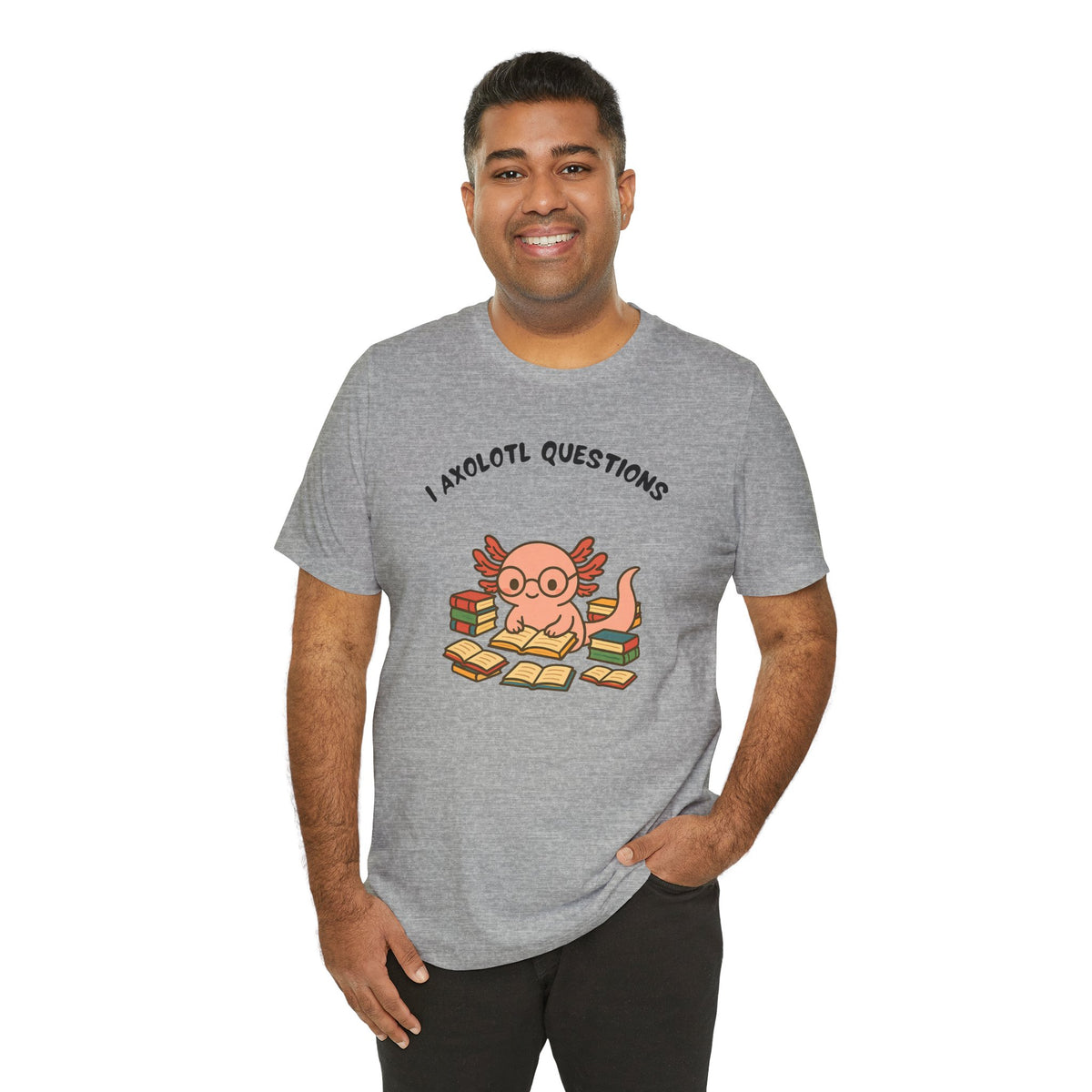 Heather gray crew-neck t-shirt with axolotl reading books graphic and “I Axolotl Questions”