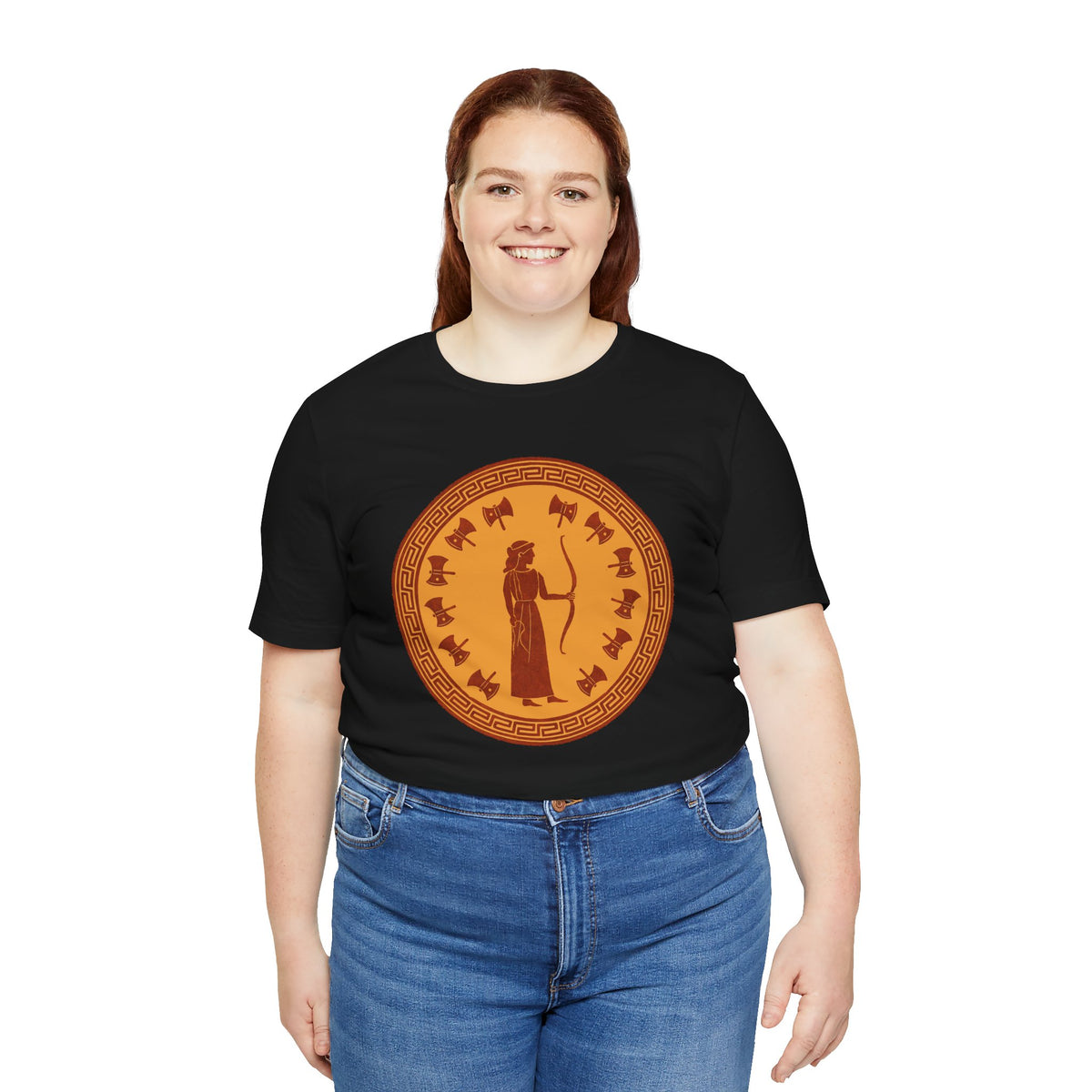 Black crew-neck t-shirt with orange circular Greek myth figure graphic
