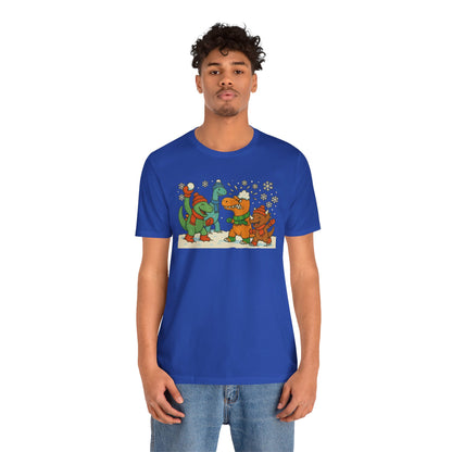 Dinosaur Snowball Fight T-Shirt – Funny Winter Dino Graphic Tee
