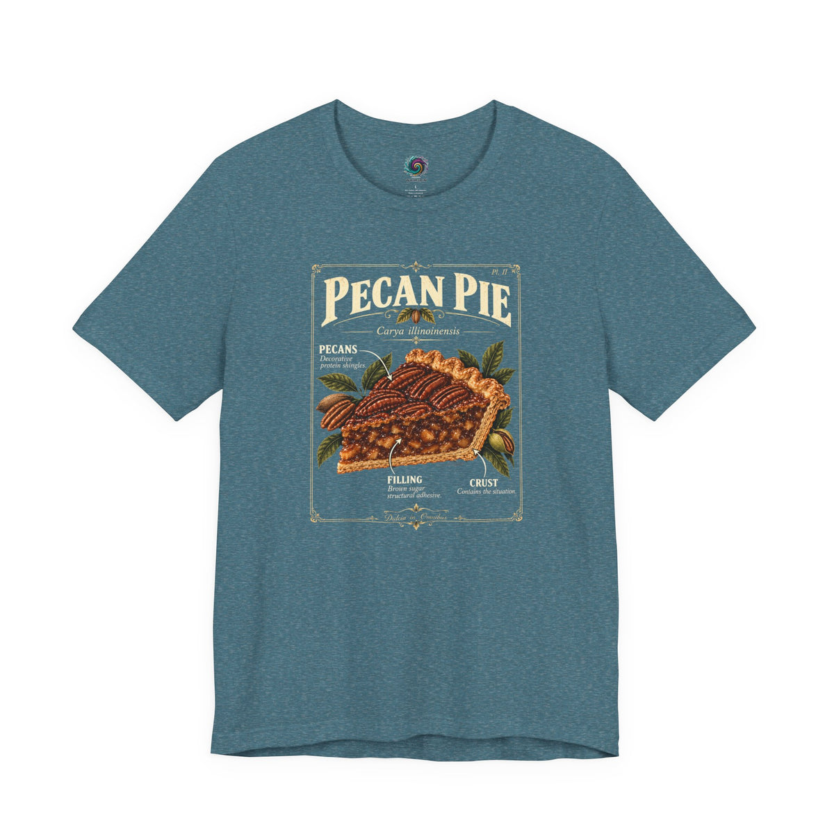 Teal pecan pie graphic T-shirt with front illustration and crew neck