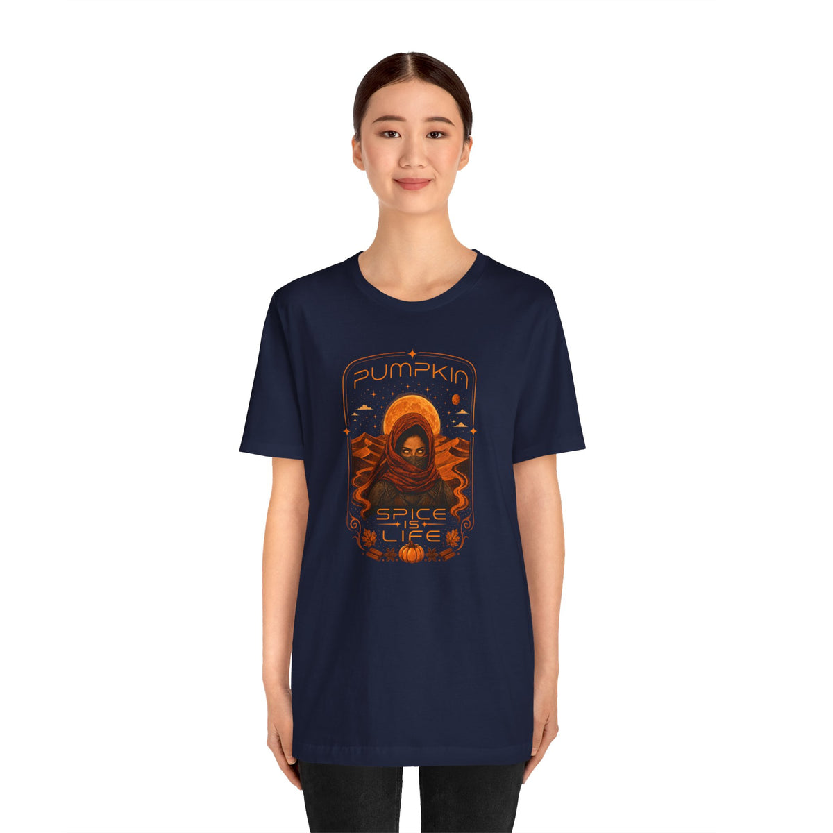 Navy crew-neck T-shirt with orange “Pumpkin Spice Life” graphic print on center chest.