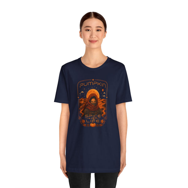 Navy crew-neck T-shirt with orange “Pumpkin Spice Life” graphic print on center chest.