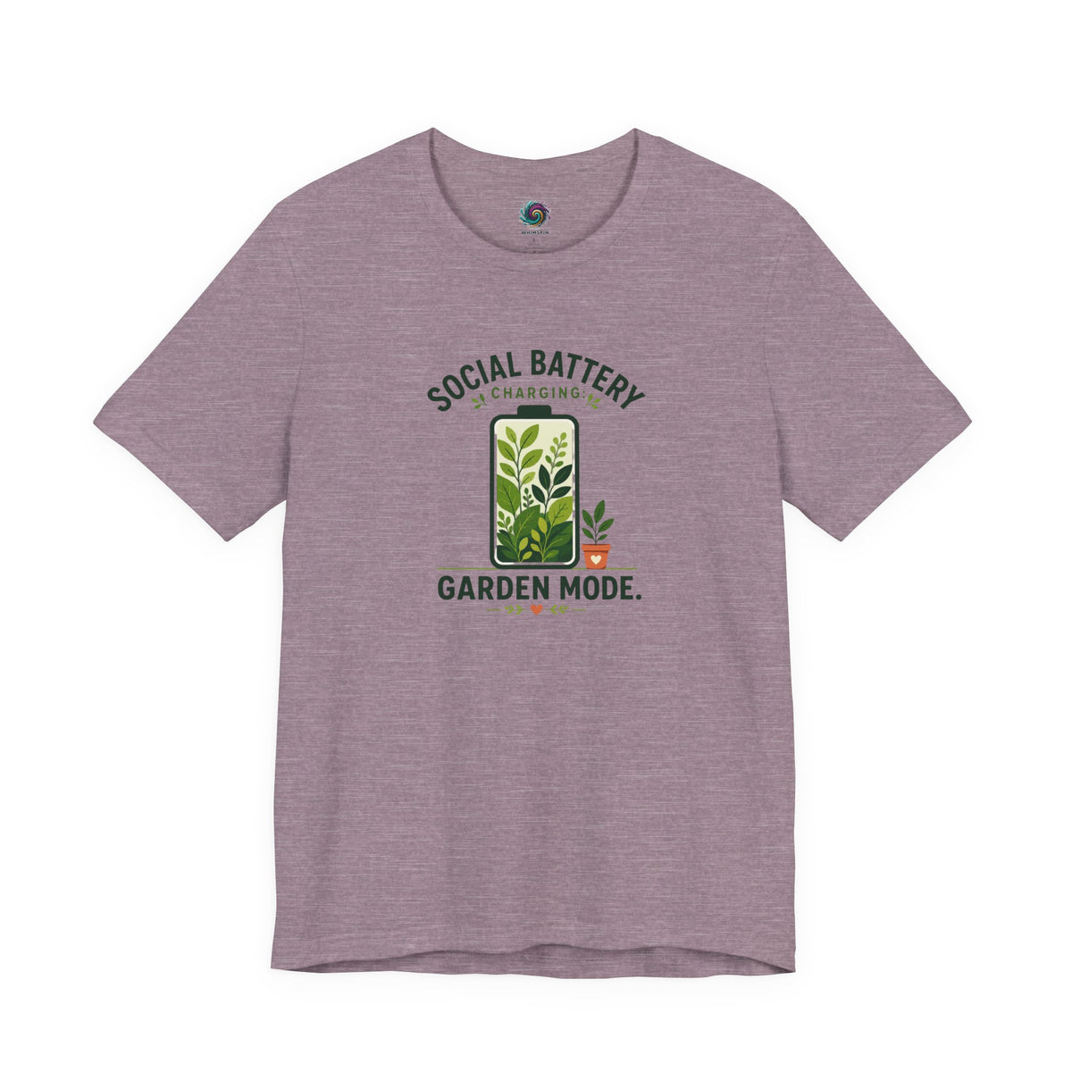 Mauve garden mode t-shirt with 'Social Battery' plant graphic and 'Garden Mode'