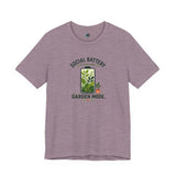 Mauve garden mode t-shirt with 'Social Battery' plant graphic and 'Garden Mode'