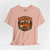 Peach crewneck T-shirt with Pumpkin Patch Social Club pumpkin emblem