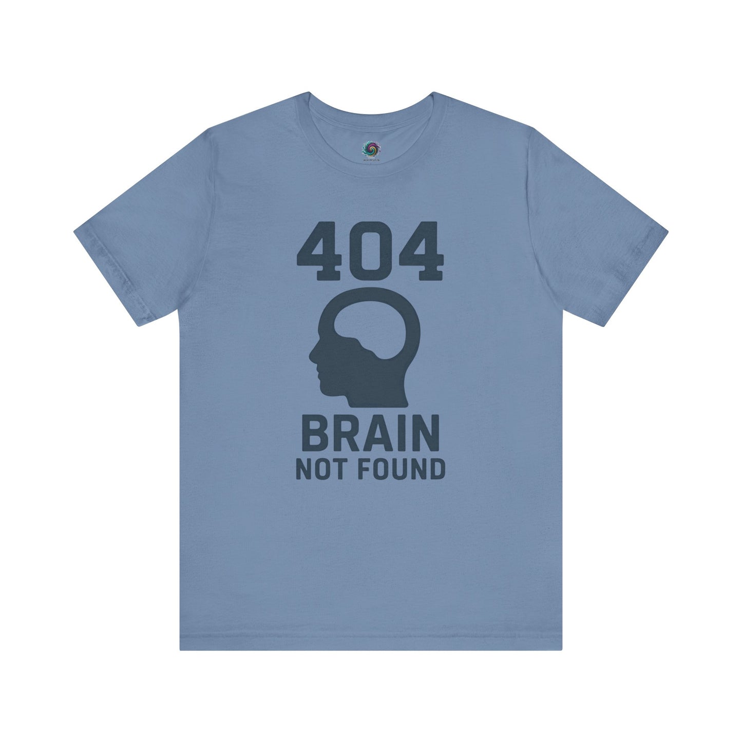 404 Brain Not Found T-Shirt – Steel blue error shirt with visual pun for developers, programmers, and fans of error code jokes.