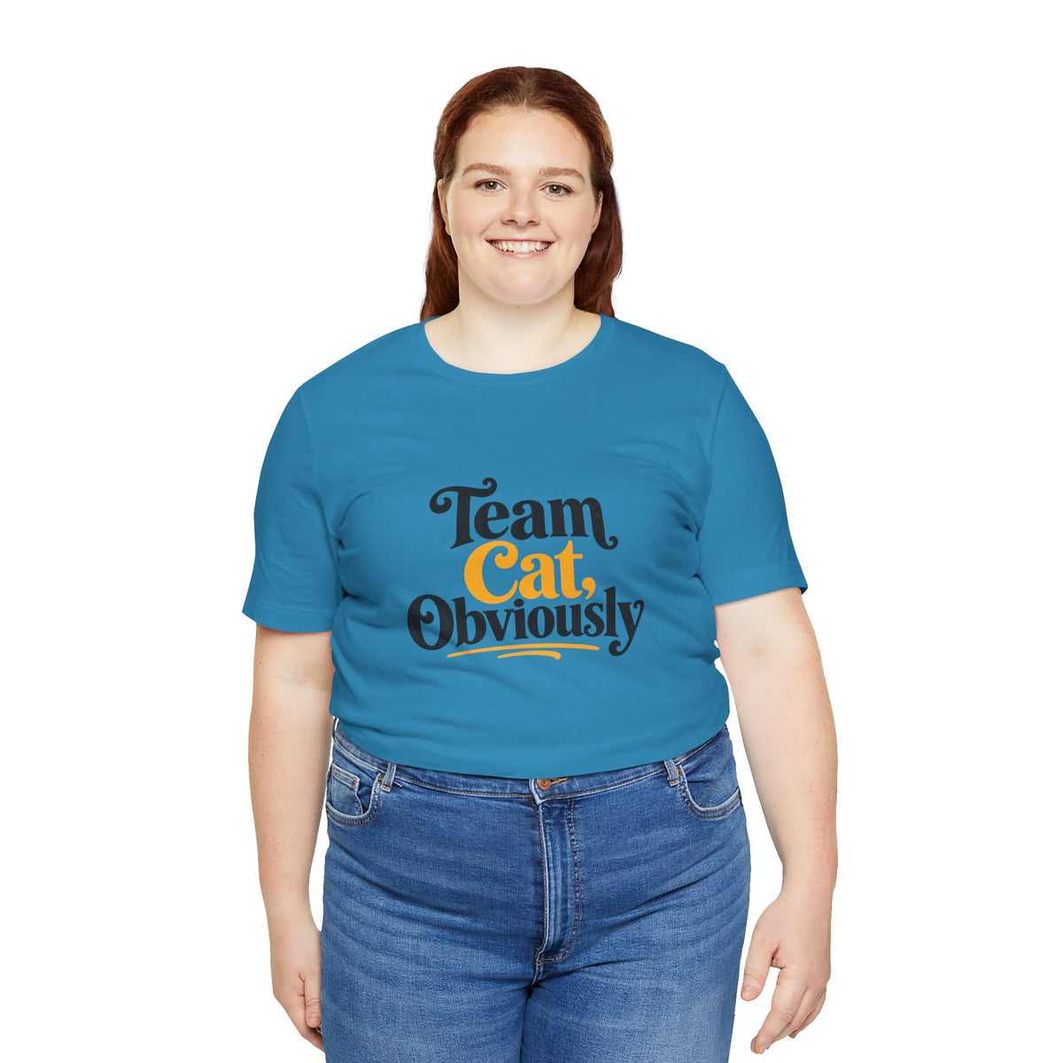 Bright blue crewneck t-shirt with 'Team Cat, Obviously' front graphic, full body