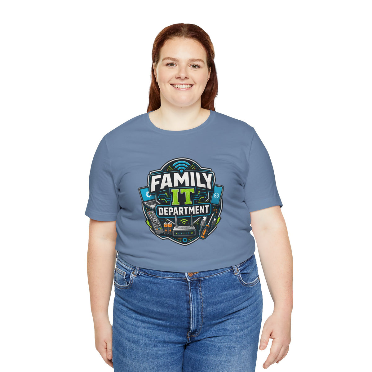 Light-blue crewneck T-shirt with Family IT Department chest graphic