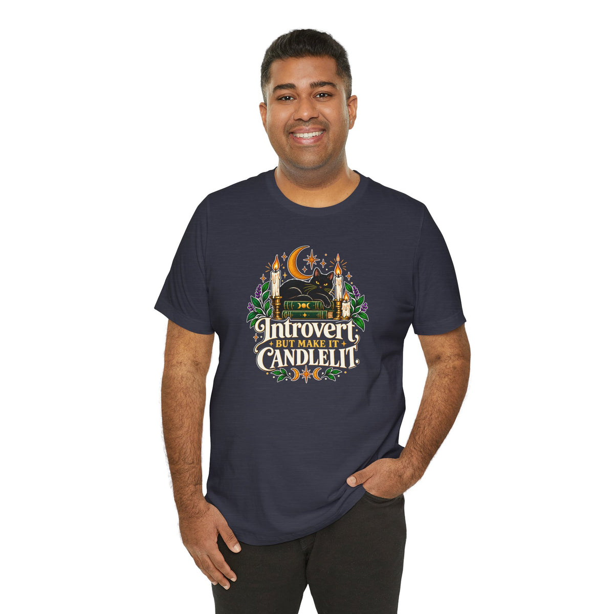 Introvert But Make It Candlelit T-shirt - Witchy Bookish Cat Tee