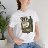 White crew-neck T-shirt with green medieval landscaping crest graphic