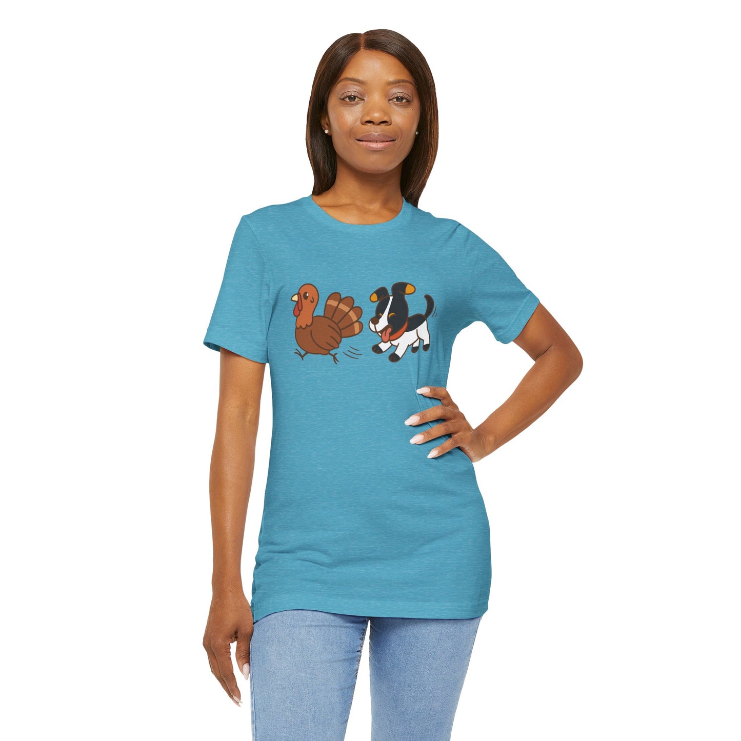 Dog Chasing Turkey T-Shirt – Funny Thanksgiving Dog Tee