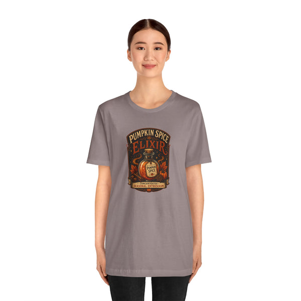 Taupe crew neck T-shirt with Pumpkin Spice Elixir graphic on chest
