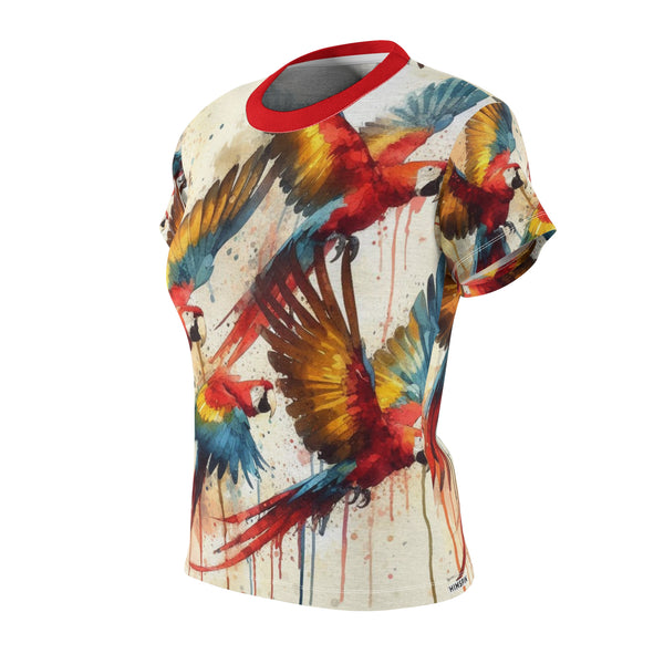 Macaw watercolor all-over graphic T-shirt, three-quarter view, red crew neck