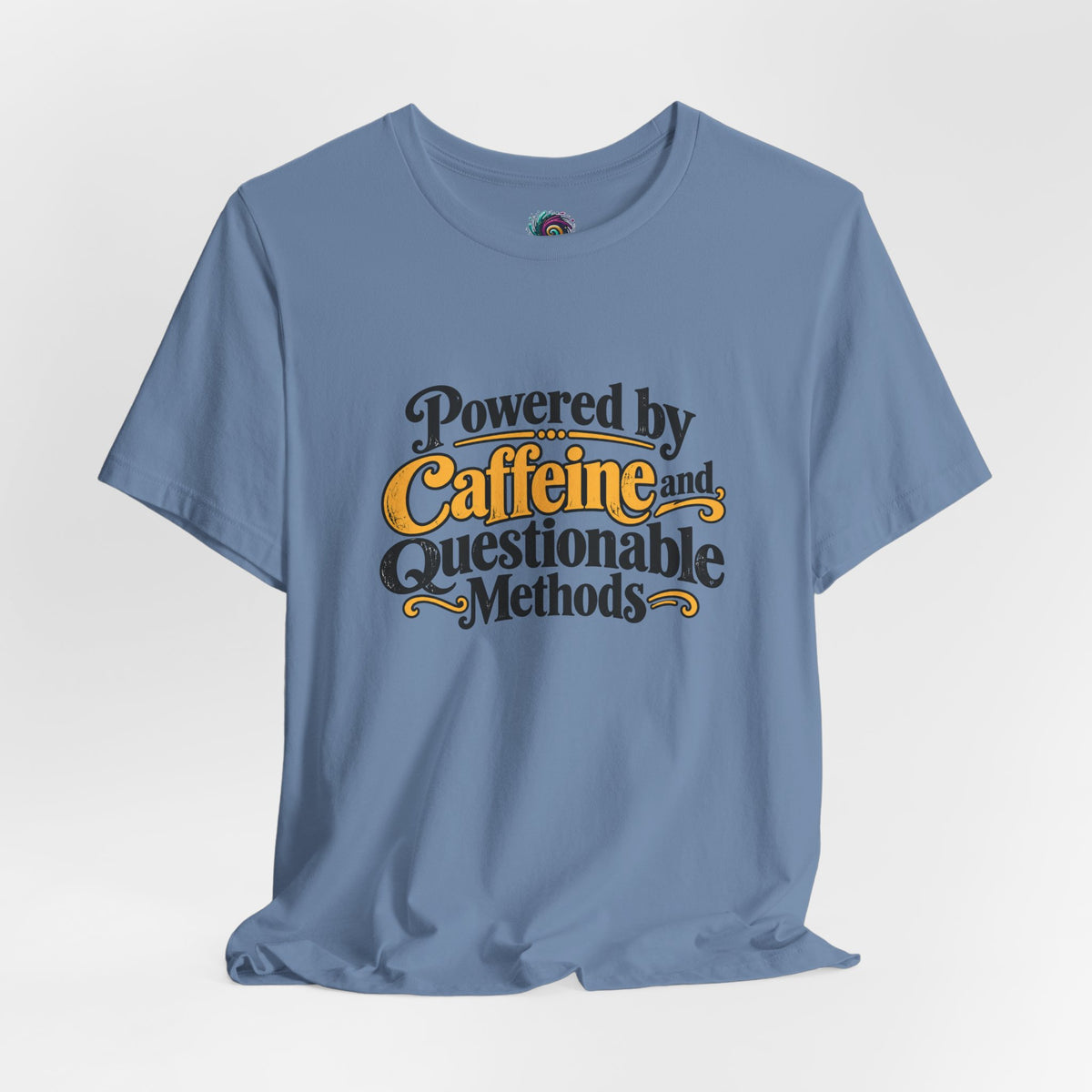 Blue crew-neck T-shirt with 'Powered by Caffeine and Questionable Methods' front graphic