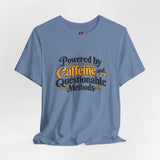 Blue crew-neck T-shirt with 'Powered by Caffeine and Questionable Methods' front graphic