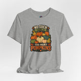 Heather gray crew-neck T-shirt with colorful stacked pumpkins graphic on chest.