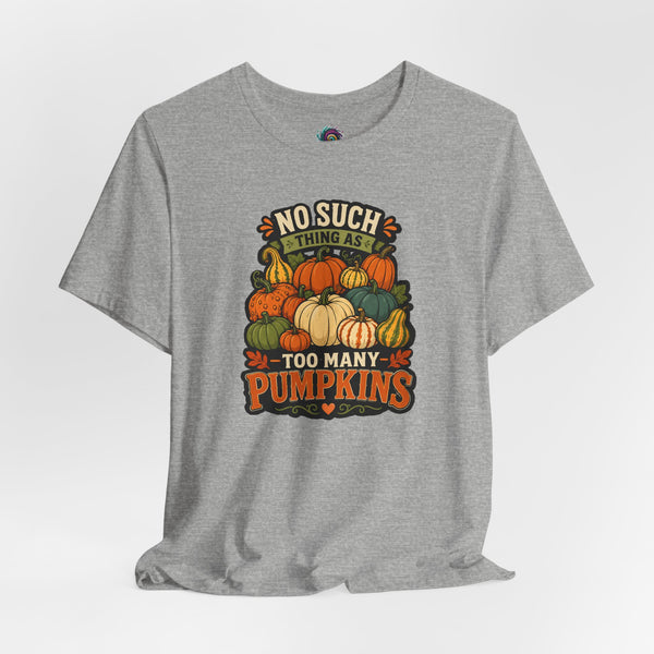 Heather gray crew-neck T-shirt with colorful stacked pumpkins graphic on chest.