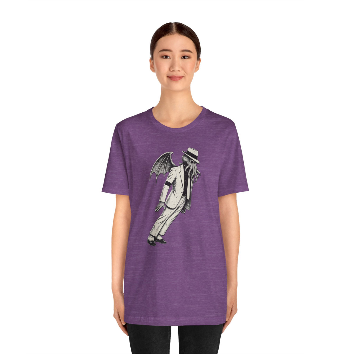 Purple heather crewneck graphic t-shirt with tall monster figure front print