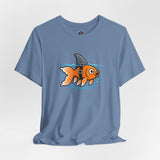 Light blue graphic T-shirt with orange fish-shark swimming front print